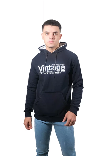 Erkek Vintage Lacivert Kapüşonlu Sweatshirt 237