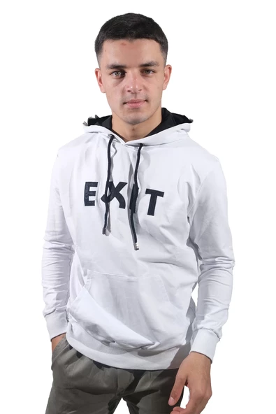 Erkek Exıt Kanguru Beyaz Kapüşonlu Sweatshirt 905