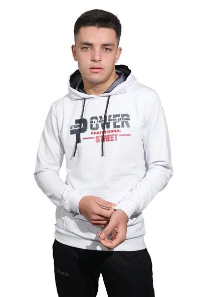 Erkek Power Beyaz Kapüşonlu Sweatshirt 2803