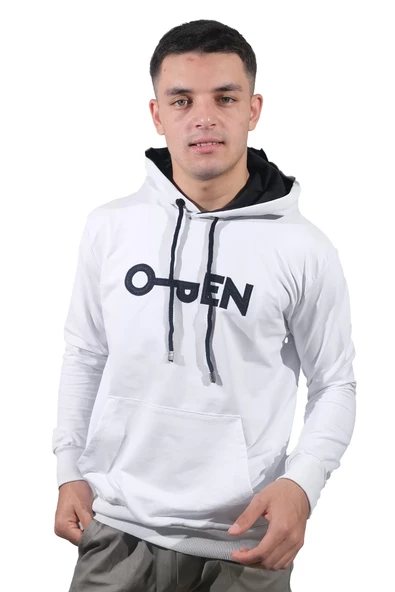 Erkek Open Kanguru Beyaz Kapüşonlu Sweatshirt 803