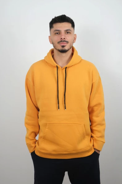 Erkek Kapüşonlu ve Önden Cepli Düz Polar Sweatshirt Sarı