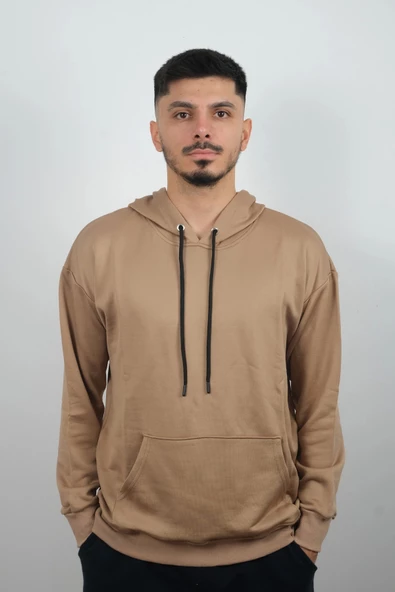 Erkek Kapüşonlu ve Önden Cepli Düz Polar Sweatshirt Kahverengi