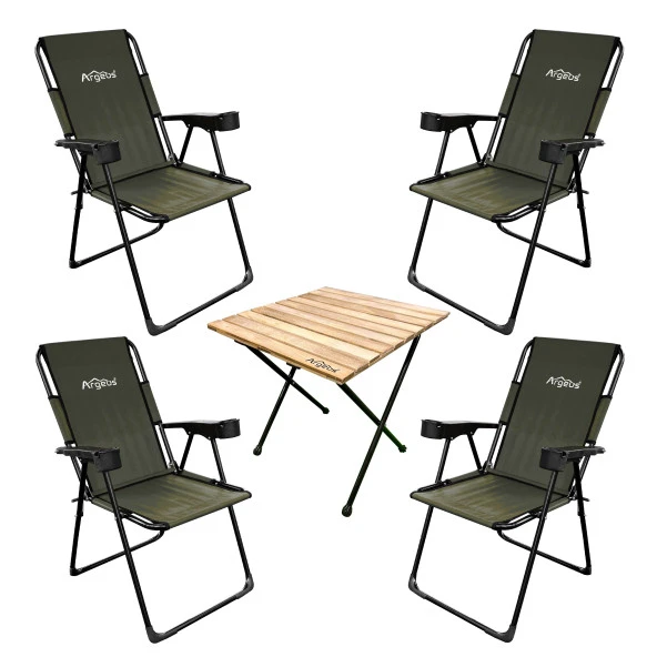 Outdoor Argeus Rest 4'lü Bardaklı Katlanabilir Sandalye ve Masa Seti - Haki