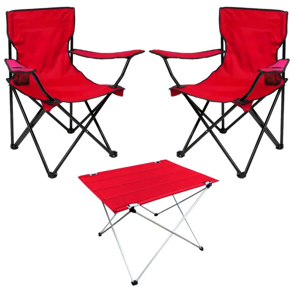 Outdoor Savex 2'li Bardaklı Katlanabilir Sandalye ve Masa Seti - Kırmızı (DY.001)
