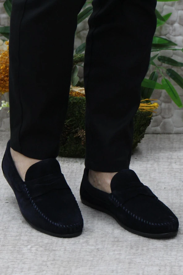 Mehmet Mete 31020 Lacivert Süet Hakiki Deri Loafer Erkek Babet Erkek Ayakkabı - Resim 2