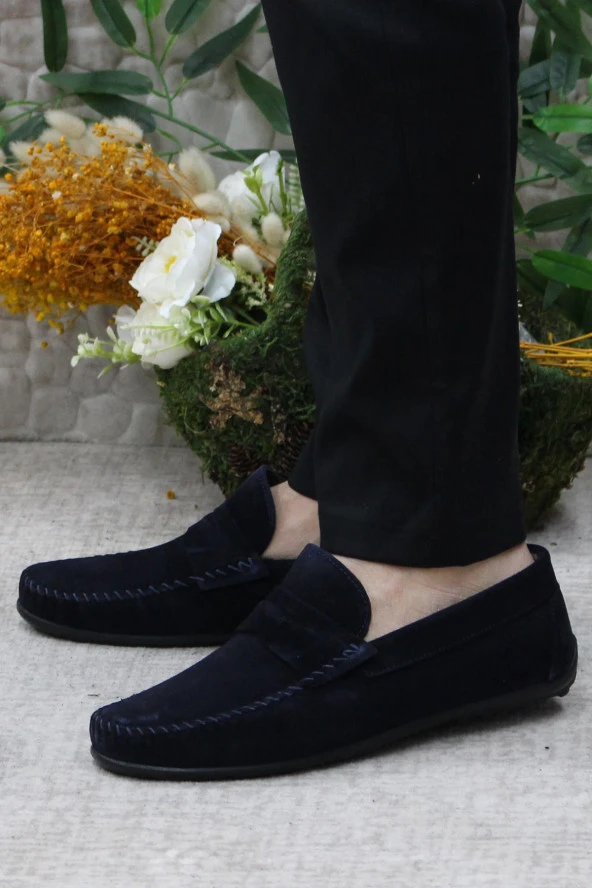 Mehmet Mete 31020 Lacivert Süet Hakiki Deri Loafer Erkek Babet Erkek Ayakkabı - Resim 3