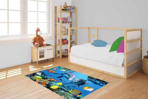 Çocuk Halısı ve Bebek Halısı Yıkanabilir Kaymaz Taban Figürlü Mavi Dijital Baskı Halı HC076  - 2