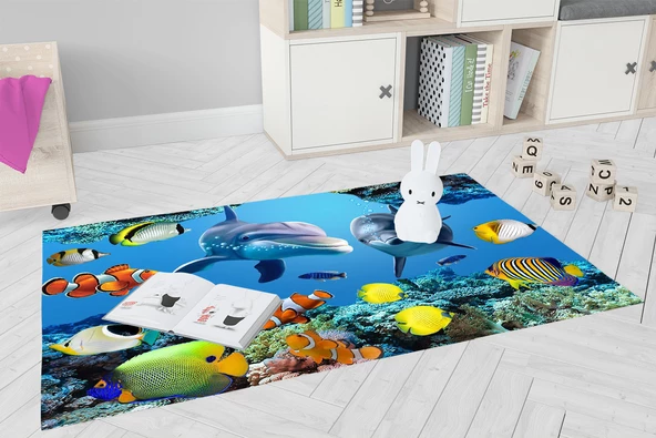Çocuk Halısı ve Bebek Halısı Yıkanabilir Kaymaz Taban Figürlü Mavi Dijital Baskı Halı HC076  - 3