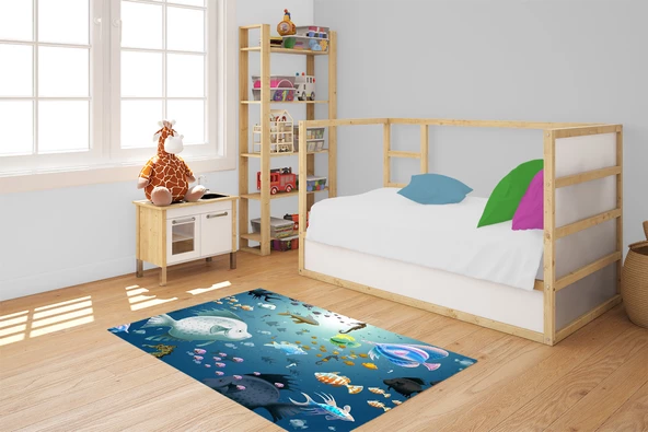 Çocuk Halısı ve Bebek Halısı Yıkanabilir Kaymaz Taban Figürlü Mavi Dijital Baskı Halı HC080 - 2