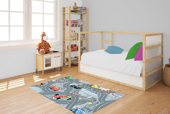 Çocuk Halısı ve Bebek Halısı Yıkanabilir Kaymaz Taban Figürlü Gri Dijital Baskı Halı HC082   - 2