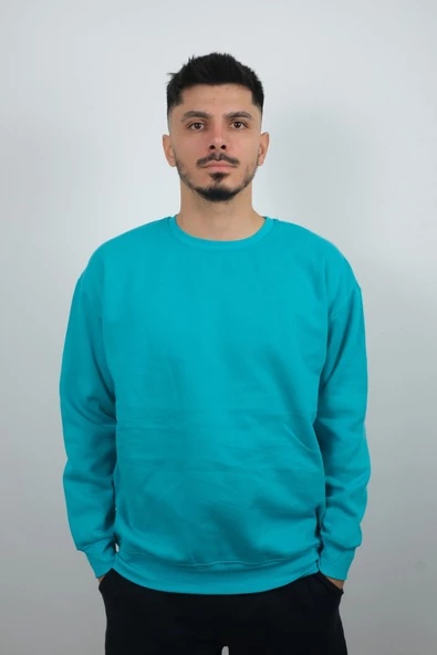 Erkek Sıfır Yaka Düz Polar Sweatshirt Turkuaz