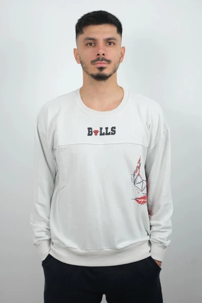 Erkek Sıfır Yaka Bulls Sweatshirt Beyaz