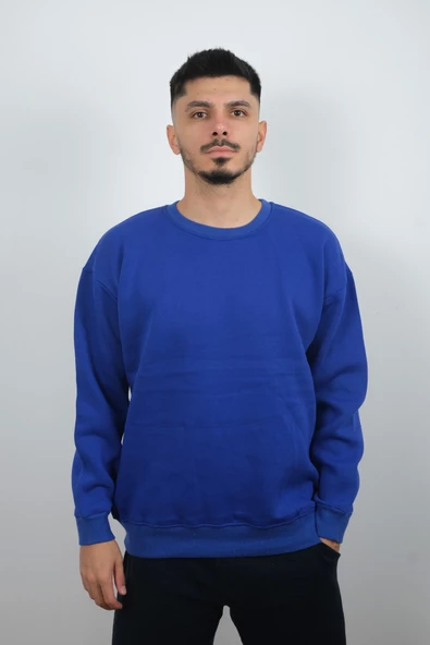 Erkek Sıfır Yaka Düz Polar Sweatshirt Saks