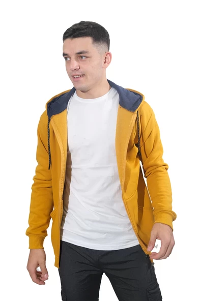 Erkek Armalı Fermuarlı Kapüşonlu Sarı Sweatshirt 313