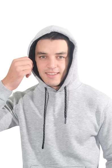 Erkek Basic Gri Kapüşonlu Sweatshirt 236