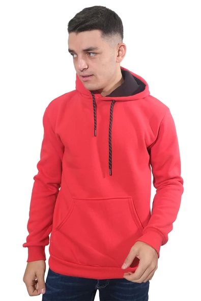 Erkek Basic Kırmızı Kapüşonlu Sweatshirt 235