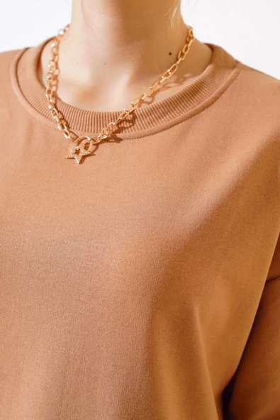 Basic Oversize T-shirt Camel - Resim 4