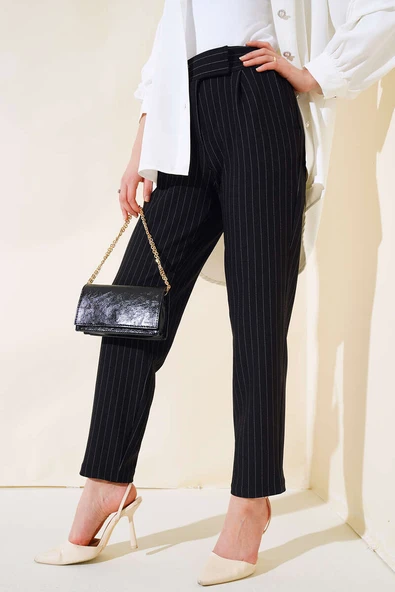 Beli Cırtlı Çizgili Pantolon Siyah ürün görseli 1