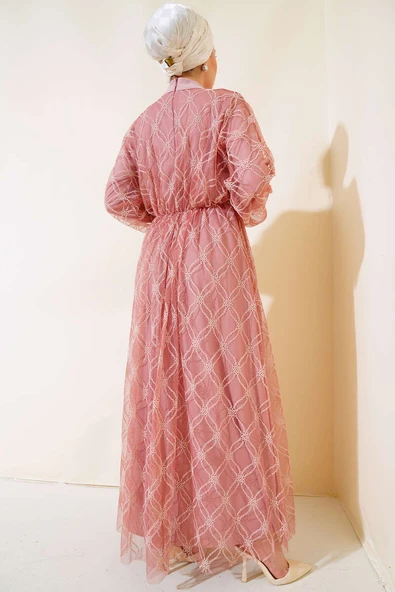 Nakışlı Tüllü Elbise Gül Kurusu - Resim 3