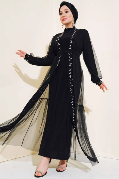 İnci Süslemeli Abaya Siyah