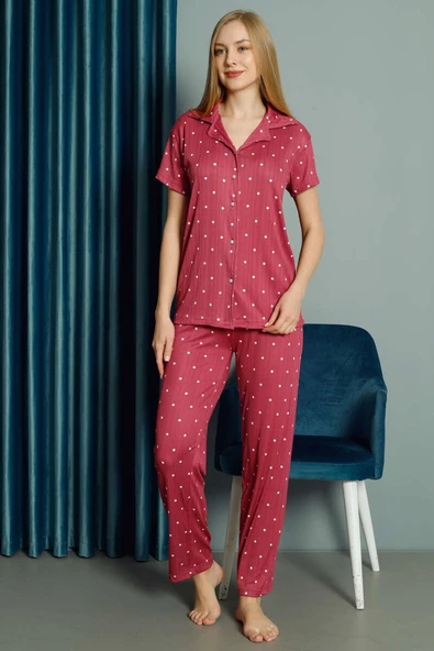 Puantiyeli Kısa Kol Kadın Pijama Takımı Gül Kurusu