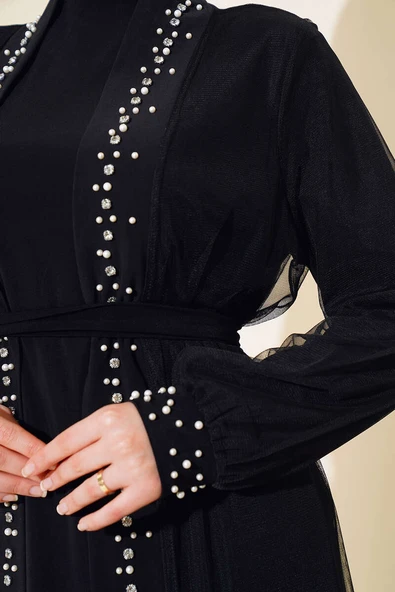 İnci Süslemeli Abaya Siyah - 4