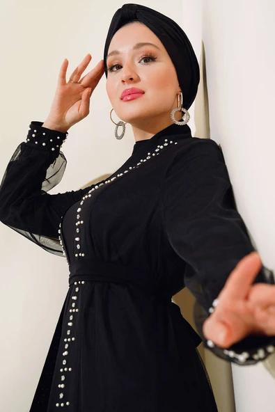 İnci Süslemeli Abaya Siyah - 2