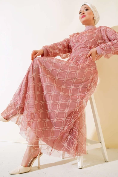 Nakışlı Tüllü Elbise Gül Kurusu ürün görseli 1