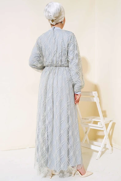 Nakışlı Tüllü Elbise Gri - Resim 3