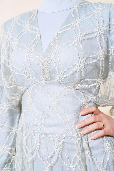 Nakışlı Tüllü Elbise Gri - Resim 4