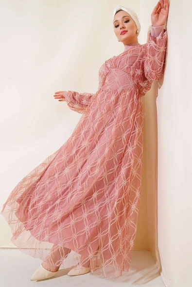 Nakışlı Tüllü Elbise Gül Kurusu - Resim 2