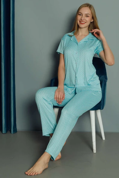 Puantiye Desenli Kısa Kol Kadın Pijama Takımı Turkuaz