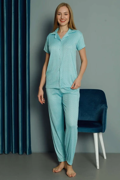 Puantiye Desenli Kısa Kol Kadın Pijama Takımı Turkuaz - Resim 2