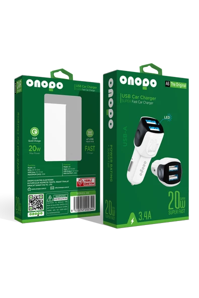 onopo 3.4A Çift USB Çıkışlı Hızlı Araç Şarjı 20W - A6