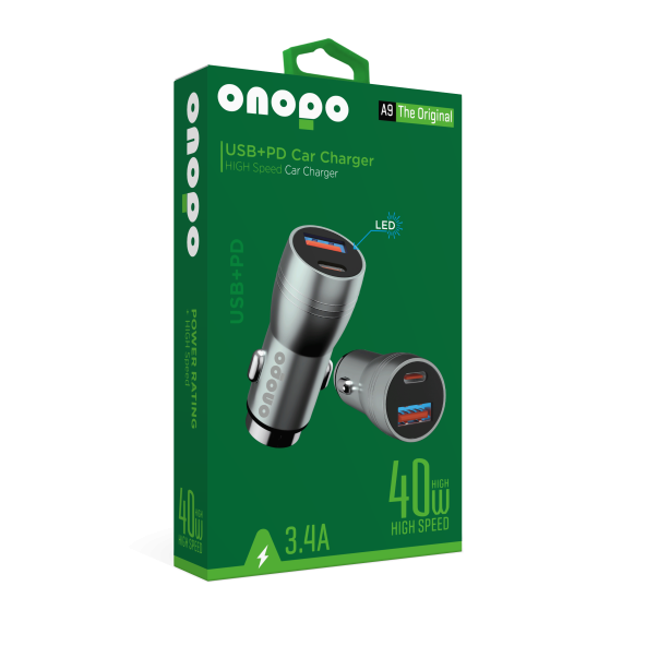 onopo 3.4A Çift USB + Type Çıkışlı Metal Hızlı Araç Şarjı 40W - A9