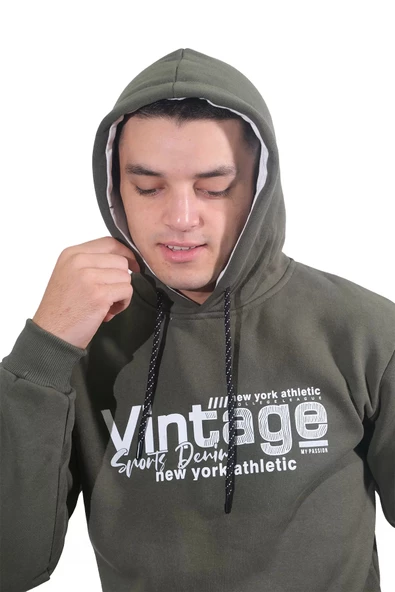 Erkek Vıntage Haki Kapüşonlu Sweatshirt 219