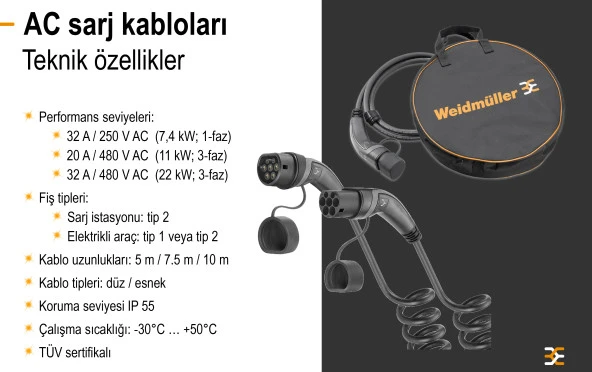 Weidmüller Elektrikli Araç Şarj Kablosu Düz 5 Metre 2 Tarafı Tip2 Soketli 2754390000 - 5