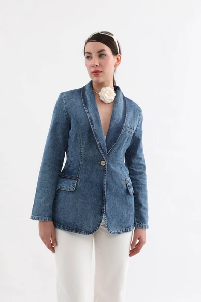 Kadın Uzun Kollu Tek Düğmeli Jean Ceket Mavi - 4