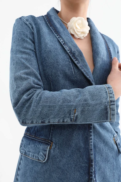 Kadın Uzun Kollu Tek Düğmeli Jean Ceket Mavi - 9