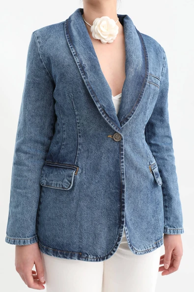 Kadın Uzun Kollu Tek Düğmeli Jean Ceket Mavi - 7