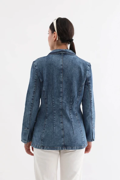 Kadın Uzun Kollu Tek Düğmeli Jean Ceket Mavi - 6