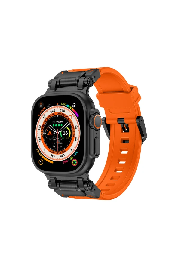 Apple Watch 7 45mm Uyumlu Fuchsia KRD-1101 Titanyum Metal Başlıklı Silikon Kordon - Resim 4