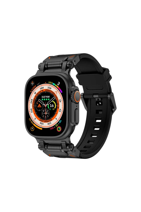 Apple Watch 7 45mm Uyumlu Fuchsia KRD-1101 Titanyum Metal Başlıklı Silikon Kordon - Resim 6