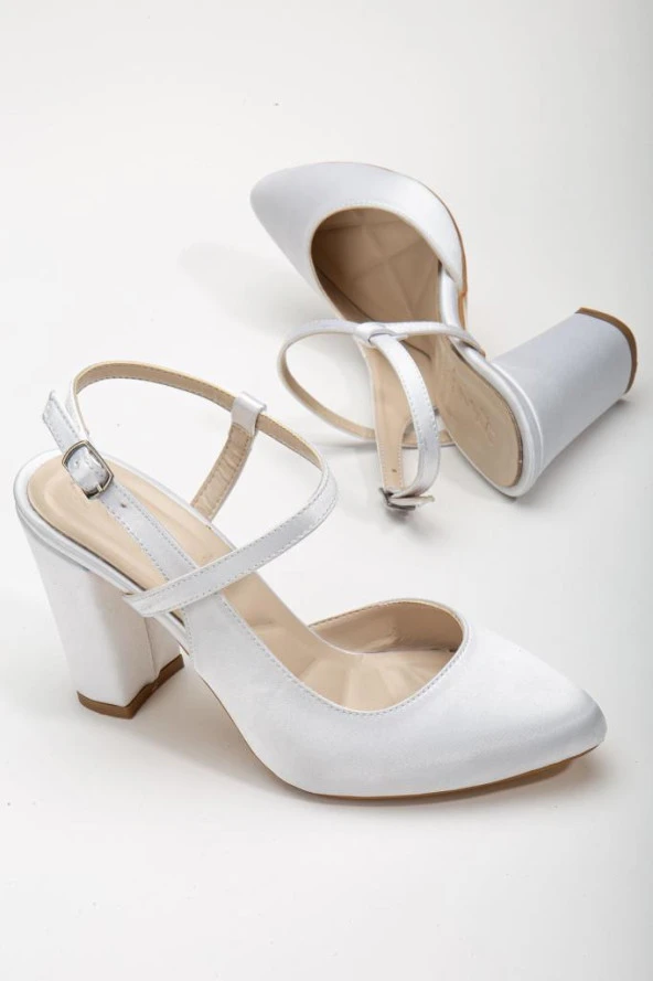 Lotus Beyaz Saten Bilekten Bağlamalı Topuklu Kadın Ayakkabı