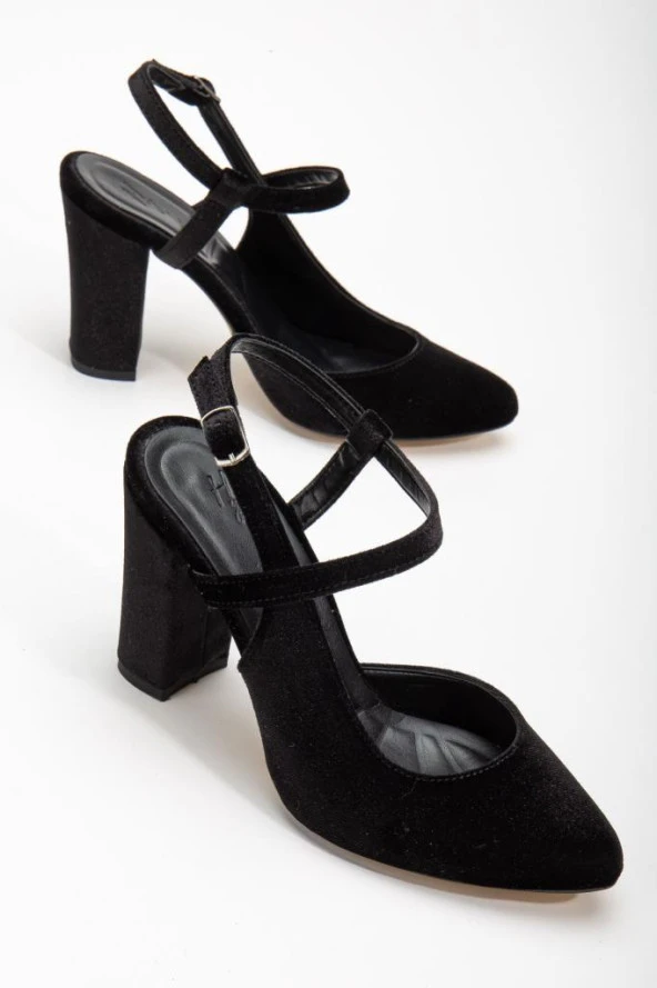 Lotus Siyah Kadife Bilekten Bağlamalı Topuklu Kadın Ayakkabı