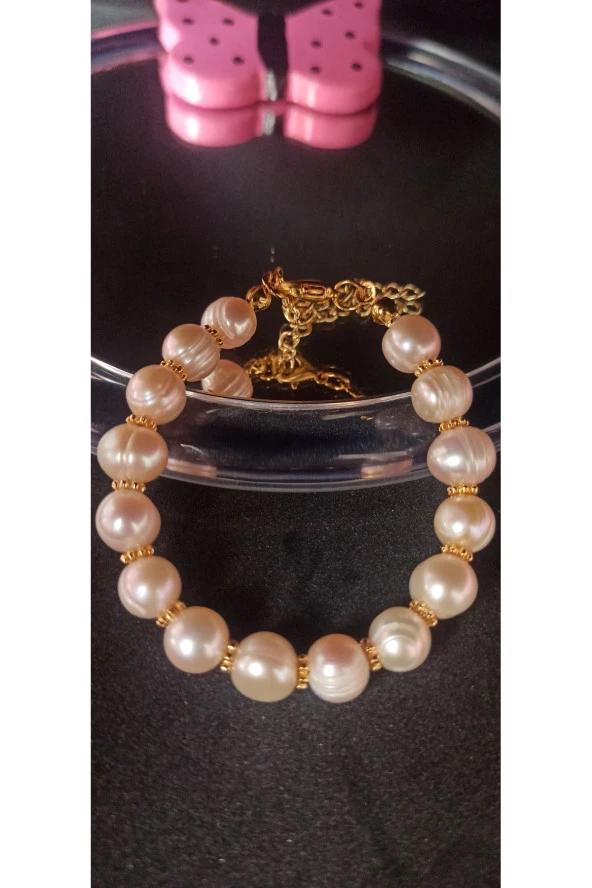 İnci Mode 24k Altın Kaplama İnci Somon Renk Ara Detaylı Tasarım Bileklik ürün görseli