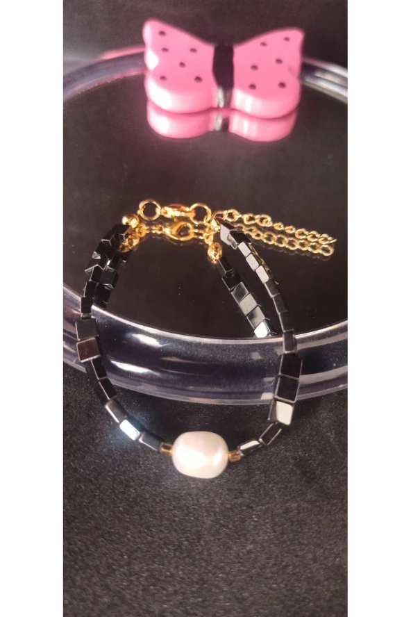 İnci Mode 24k Altın Kaplama Doğal Gerçek İnci ve Hakiki Hematit Tasarım Bileklik ürün görseli