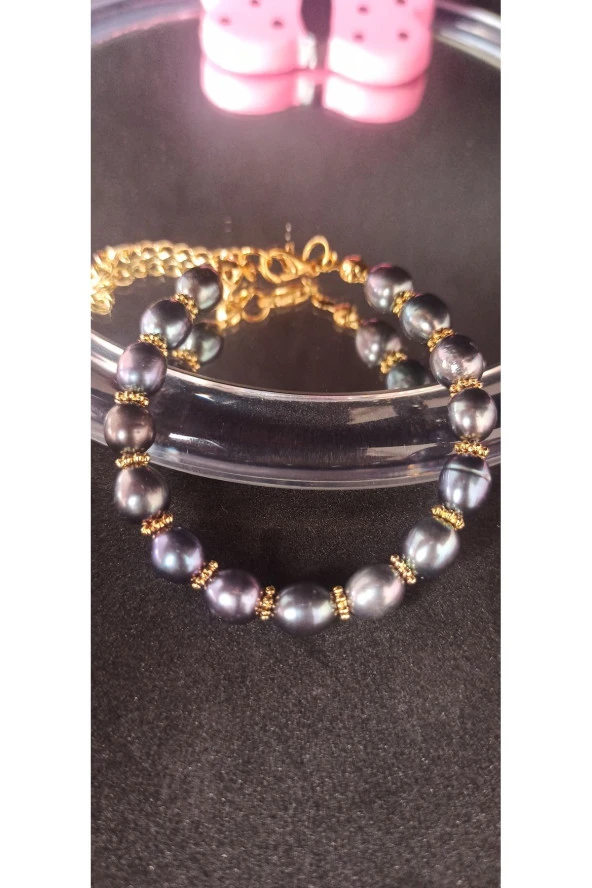 İnci Mode 24k Altın Kaplama Hakiki İnci Siyah Renk Ara Detaylı Tasarım Bileklik ürün görseli