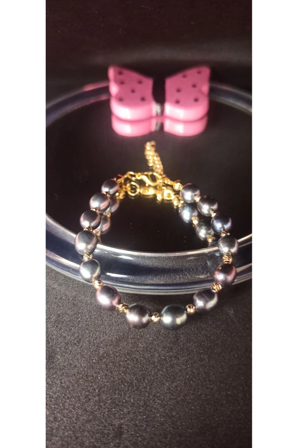 İnci Mode 24k Altın Kaplama Gerçek İnci Siyah Kesme Dorika Detaylı Tasarım  Zarif Bileklik - Resim 2