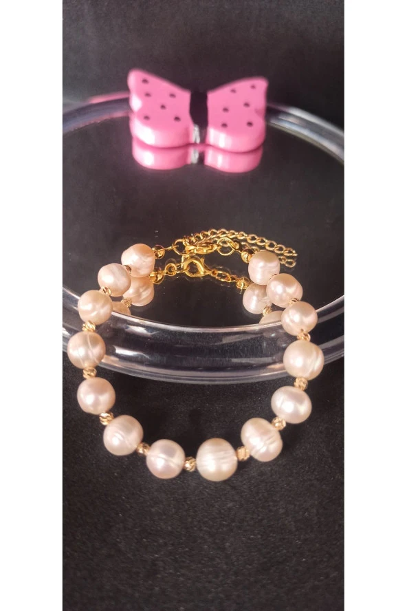 İnci Mode 24k Altın Kaplama Gerçek İnci Somon Kesme Dorika Detaylı Tasarım  Zarif Bileklik - Resim 2